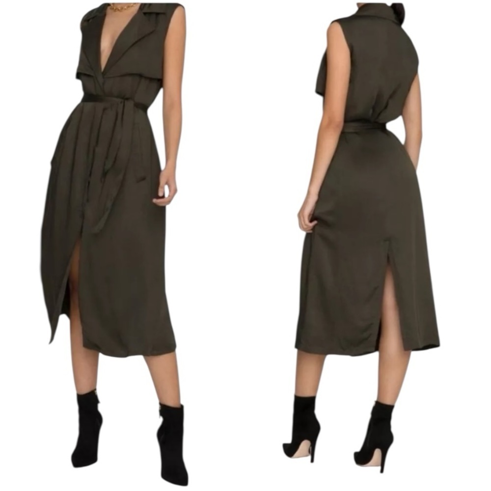 Good American Button Front Dress Olive Green Trench Utility Midi Pocket 2X plus
